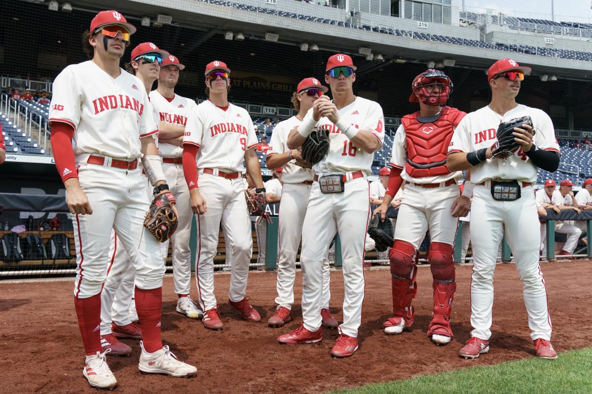 Indiana players wait to take the field during the first round of the Big Ten Tournament in Omaha, Neb.