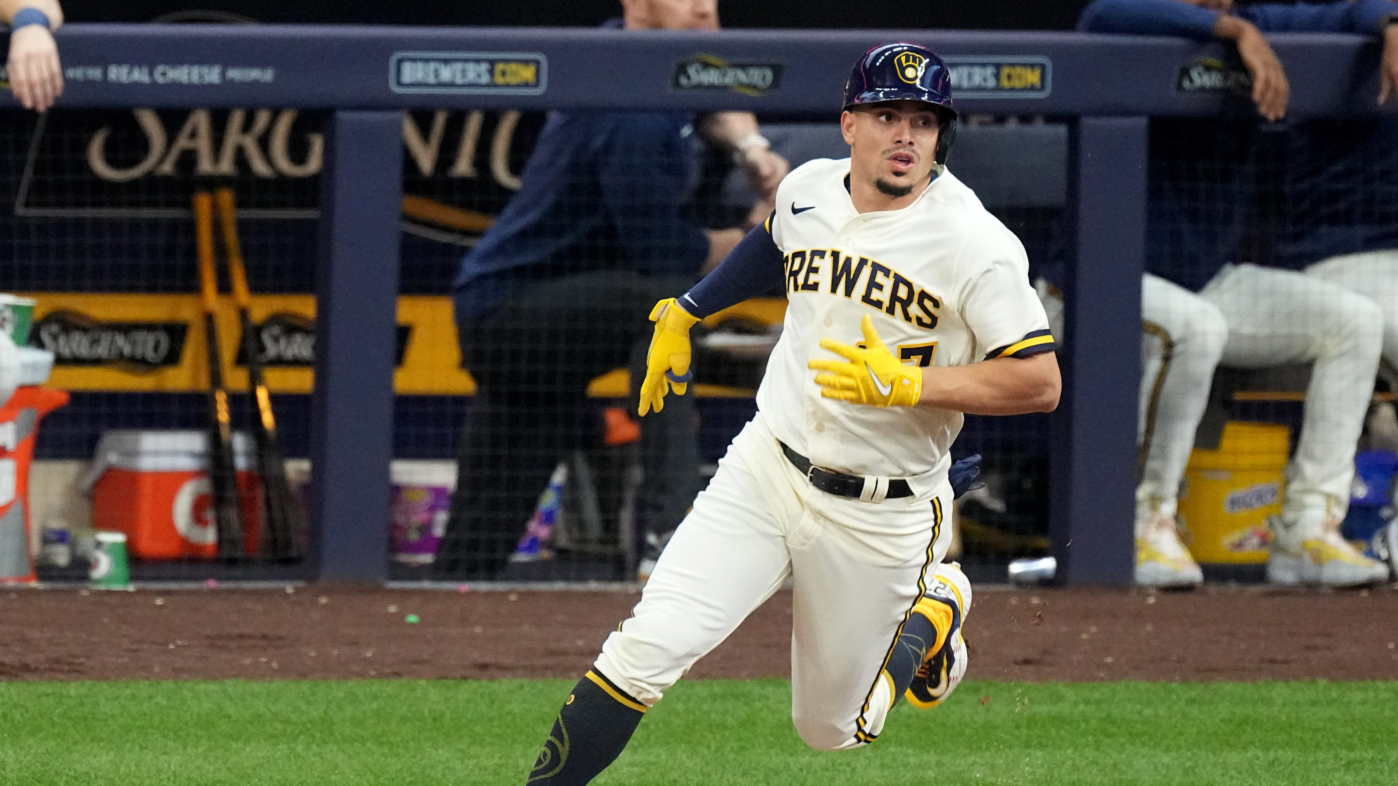 Milwaukee Brewers' Willy Adames (27) bats during a baseball game