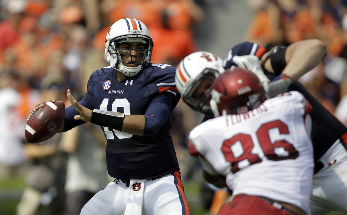 Oct 6, 2012; Auburn, AL, USA; Auburn Tigers quarterback Kiehl Frazier (10) drops back to pass against the Arkansas Razorbacks during the first half at Jordan-Hare Stadium. Mandatory Credit: John Reed-USA TODAY Sports