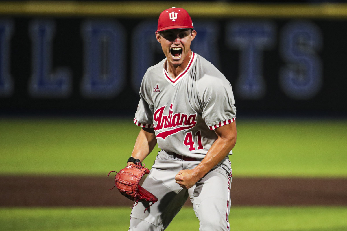 Indiana senior left-handed pitcher Ty Bothwell celebrates a strikeout against West Virginia during the NCAA Tournament regionals at Kentucky Proud Park in Lexington, Ky. on Friday.