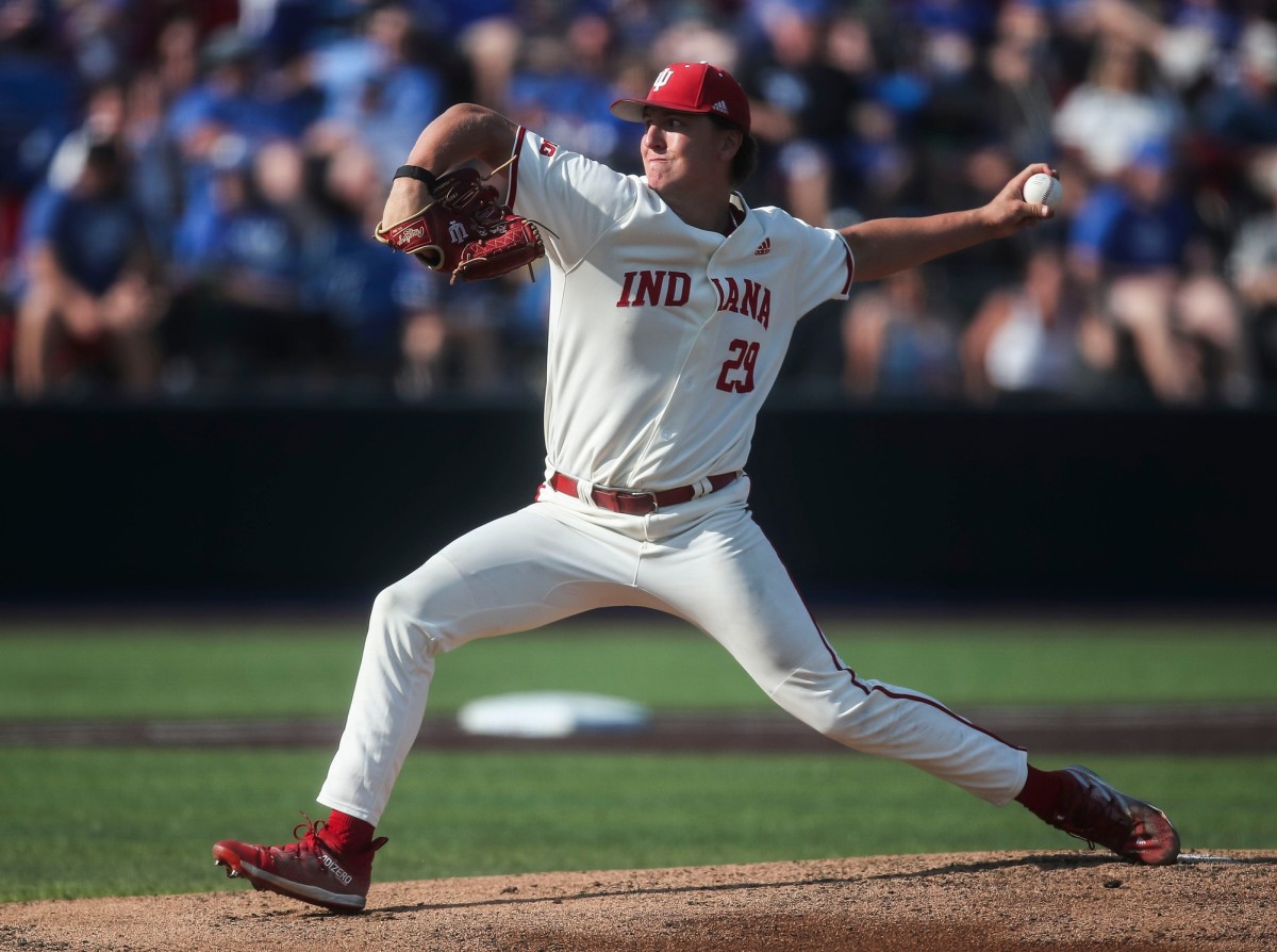 Indiana starting pitcher Ryan Craft throws towards home plate against Kentucky. The Hoosiers defeated Kentucky 5-3 Saturday night in the 2023 NCAA Regional at Kentucky Proud Park in Lexington.