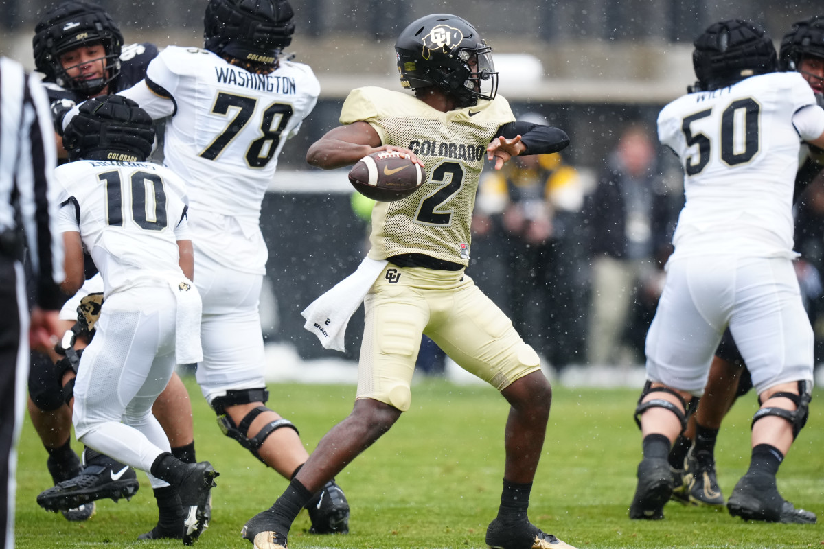 Apr 22, 2023; Boulder, CO, USA; Colorado Buffaloes quarterback Shedeur Sanders (12) prepares to pass during the first half of the spring game at Folsom Filed. Mandatory Credit: Ron Chenoy-USA TODAY Sports