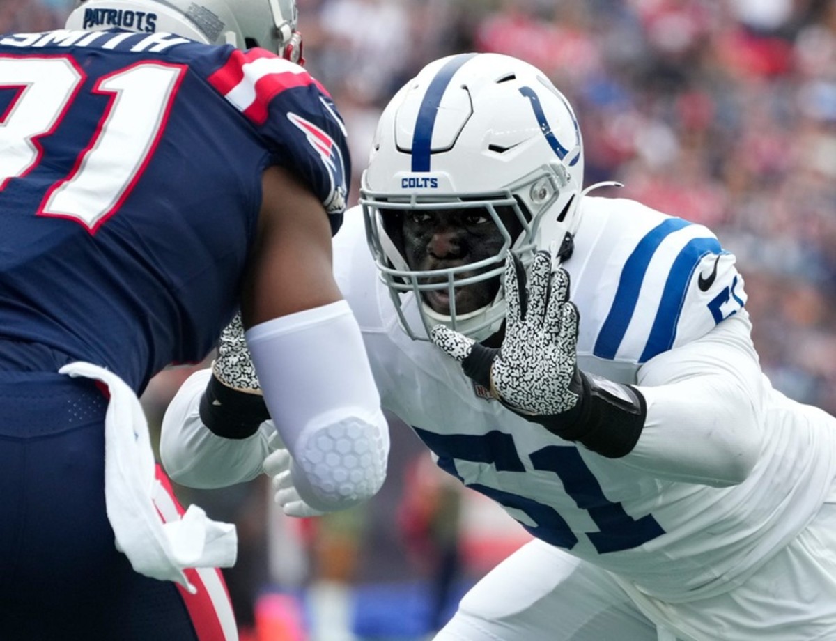 Indianapolis Colts defensive end Kwity Paye (51) rushes into the backfield  during an NFL football game against the New York Jets, Thursday, Nov. 4,  2021, in Indianapolis. (AP Photo/Zach Bolinger Stock Photo - Alamy