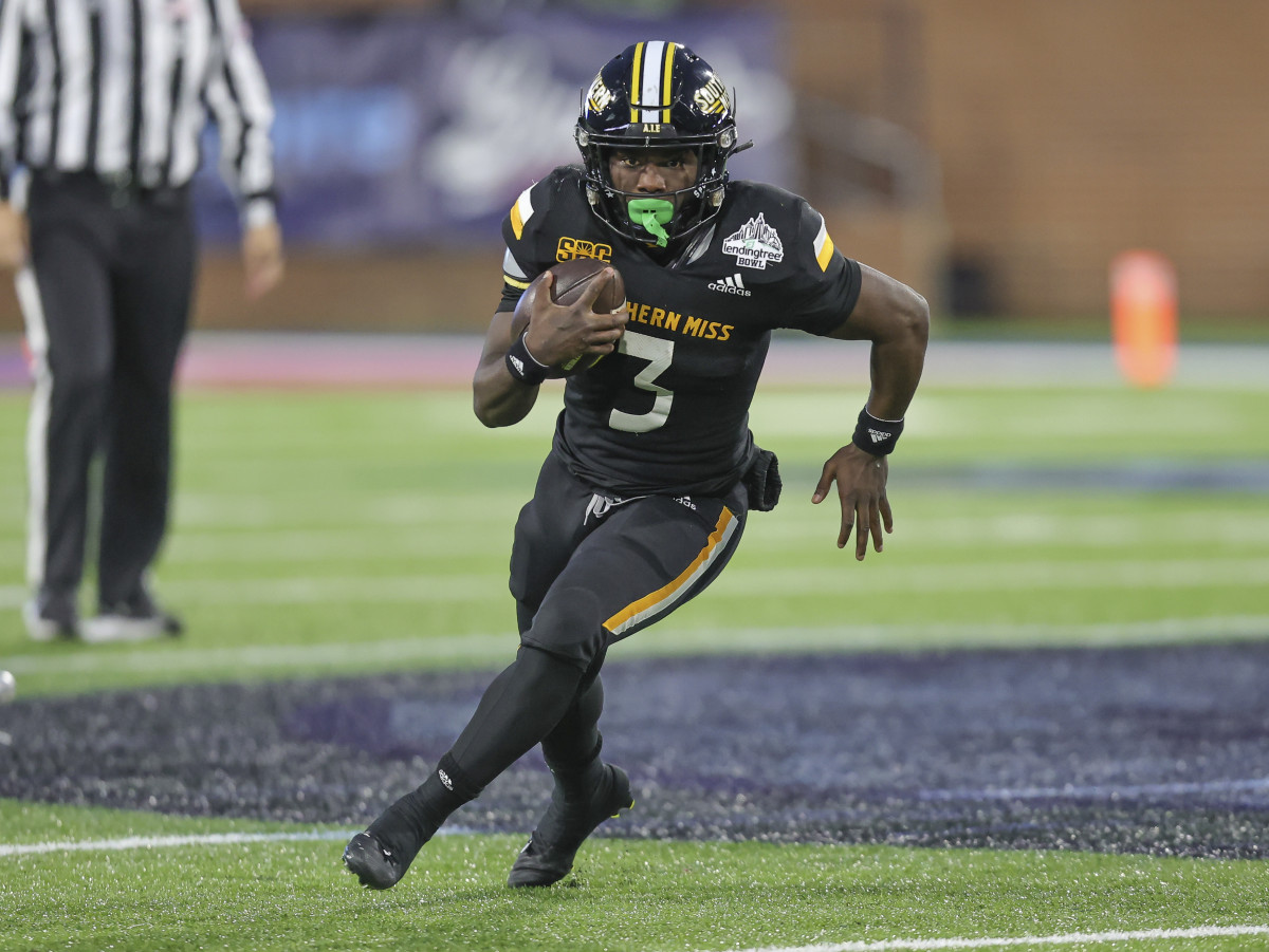 Dec 17, 2022; Mobile, AL, USA; Southern Miss Golden Eagles running back Frank Gore Jr. (3) carries the ball during the Lending Tree Bowl at Hancock Whitney Stadium. Mandatory Credit: Robert McDuffie-USA TODAY Sports