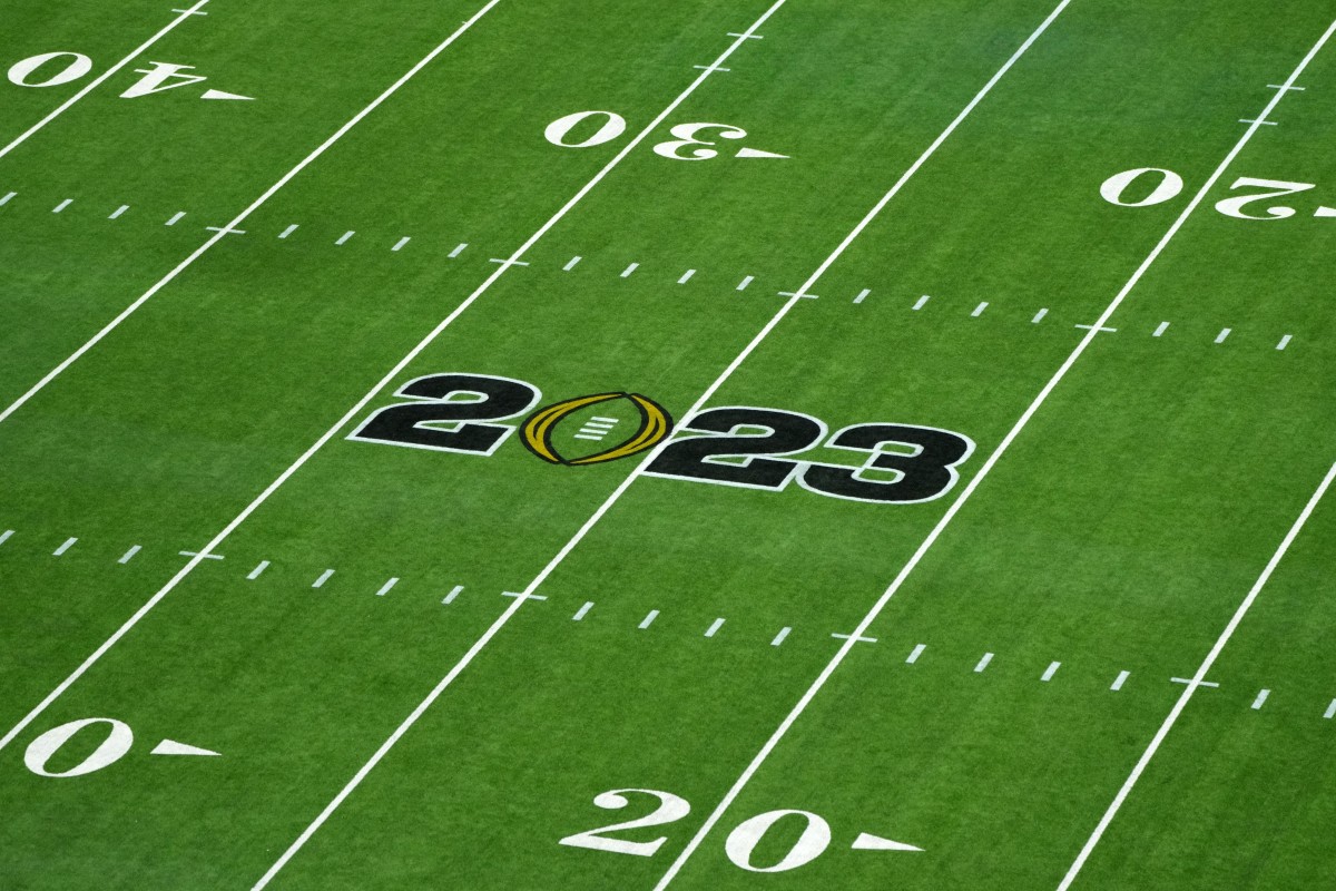 Jan 8, 2023; Inglewood California, USA; A general overall view of the 2023 College Football National Championship logo on the field at SoFi Stadium. Mandatory Credit: Kirby Lee-USA TODAY Sports