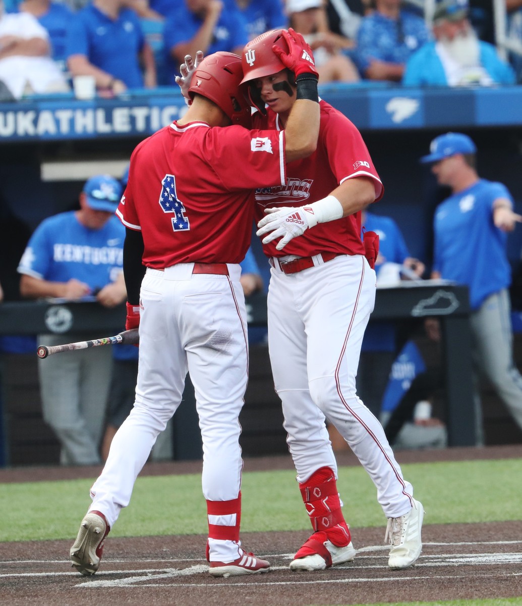 Indiana's Carter Mathison (3) embraced teammate Hunter Jessee (4) after Mathison hit a home run against UK during their rematch in the NCAA Regional in Lexington Ky. on June 4, 2023.