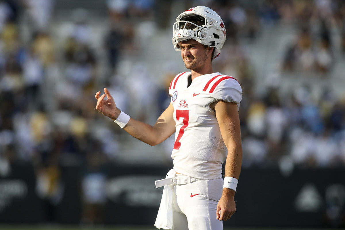 Sep 17, 2022; Atlanta, Georgia, USA; Mississippi Rebels quarterback Luke Altmyer (7) on the sideline against the Georgia Tech Yellow Jackets in the second half at Bobby Dodd Stadium. Mandatory Credit: Brett Davis-USA TODAY Sports