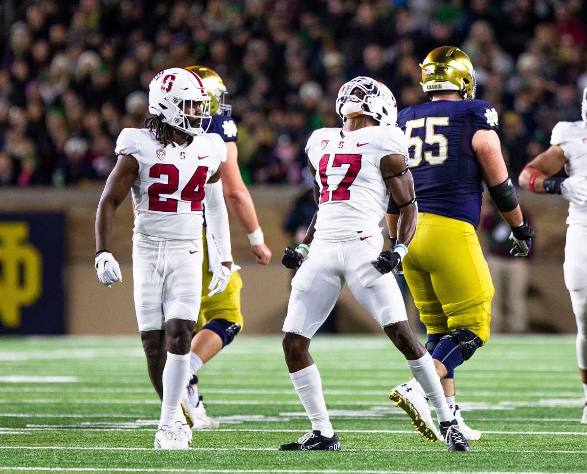 Stanford defensive back Kyu Blu Kelly (17) and Stanford safety Patrick Fields (24) celebrate during the Notre Dame vs. Stanford NCAA football game Saturday, Oct. 15, 2022 at Notre Dame Stadium in South Bend. Notre Dame Vs Stanford Football