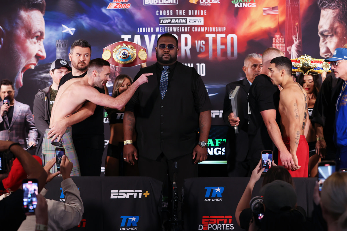 WBO and The Ring Junior Welterweight Champion Josh Taylor and Teofimo Lopez are separated before their title fight inside Madison Square Garden in New York City.