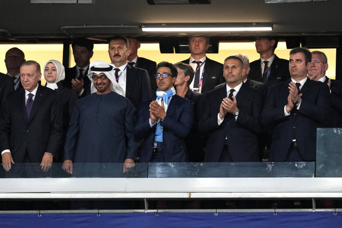 Manchester City owner Sheikh Mansour bin Zayed bin Sultan Al Nahyan pictured (center) at the 2023 UEFA Champions League final in Istanbul