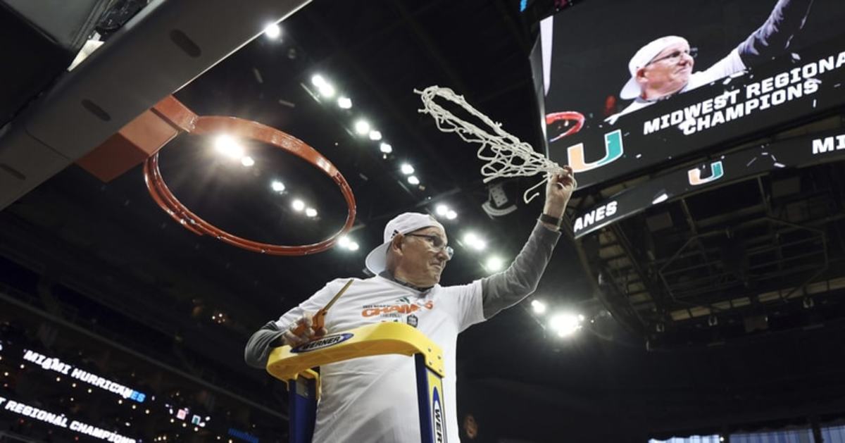 Miami Head Coach Jim Larranaga cuts down the nets on March 26 after the Hurricanes punched their ticket to the Final Four in Houston.