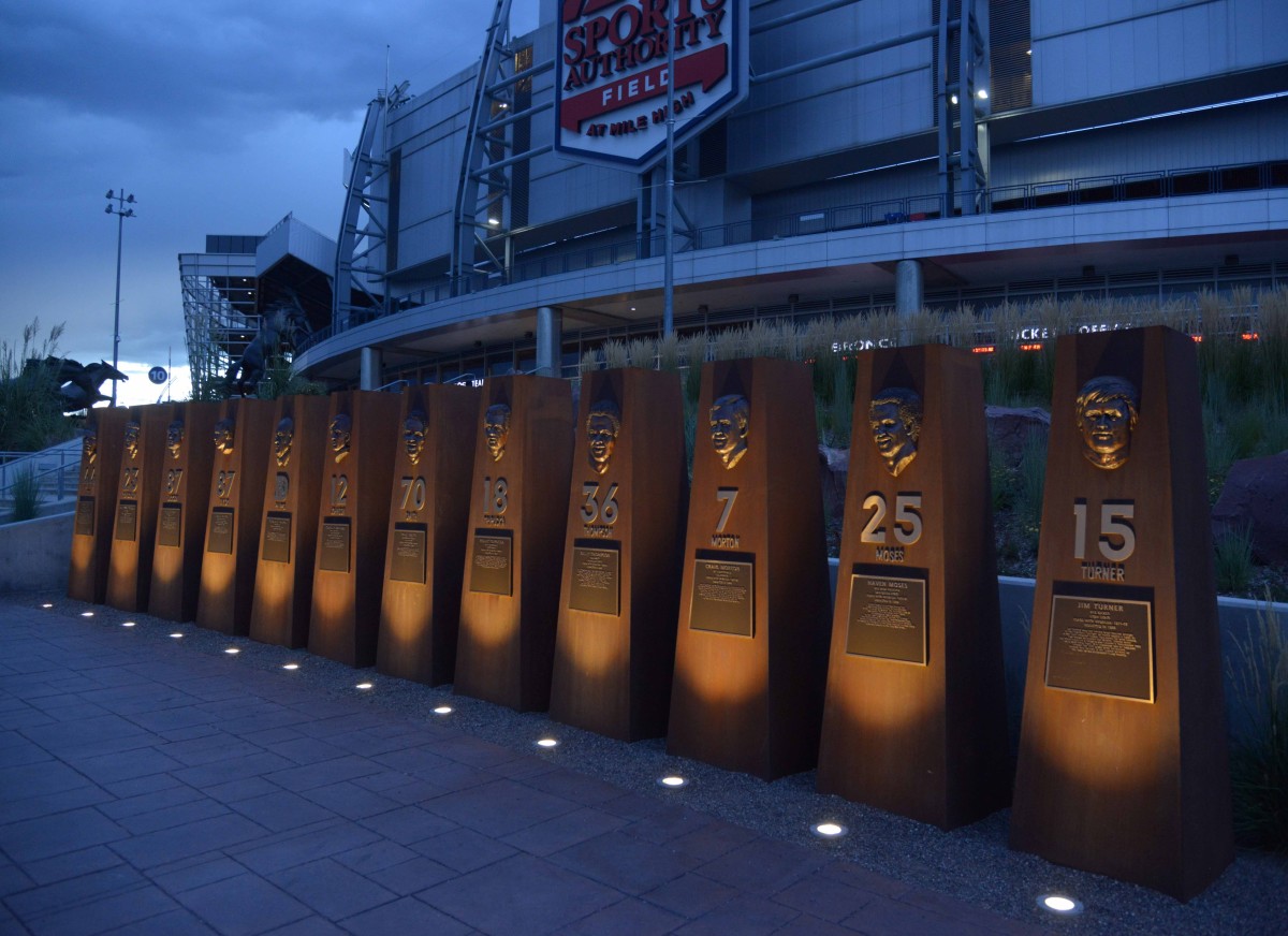 General view of the historical monument pillars of former Denver Broncos players at Sports Authority Field at Mile High. From left: Floyd Little (44), Austin Gonsoulin (Goose Gonsoulin), Lionel Taylor (87), Gerald H. Phipps and Charley Johnson (12), Paul Smith (70), Frank Tripucka (18), Billy Thompson (36), Craig Morton (7), Haven Moses (25) and Jim Turner (15).