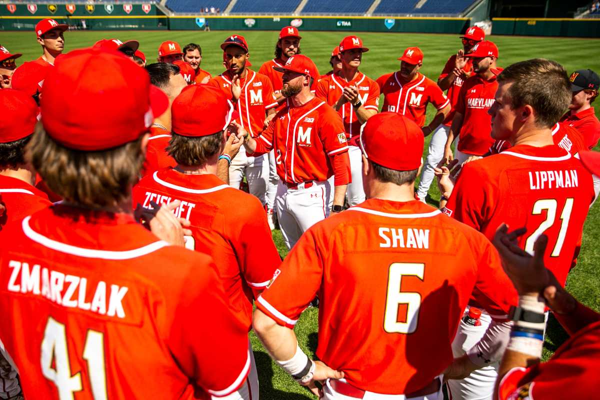 Maryland head coach Rob Vaughn talks with players after a semifinal game of the Big Ten Baseball Tournament against Nebraska, Saturday, May 27, 2023, at Charles Schwab Field in Omaha, Neb. Maryland won, 4-2.