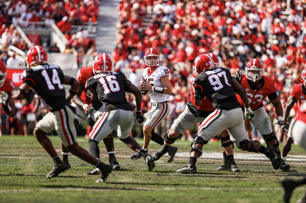 Carson Beck during Georgia’s annual G-Day scrimmage on Dooley Field at Sanford Stadium in Athens, Ga. (Tony Walsh/UGAAA)