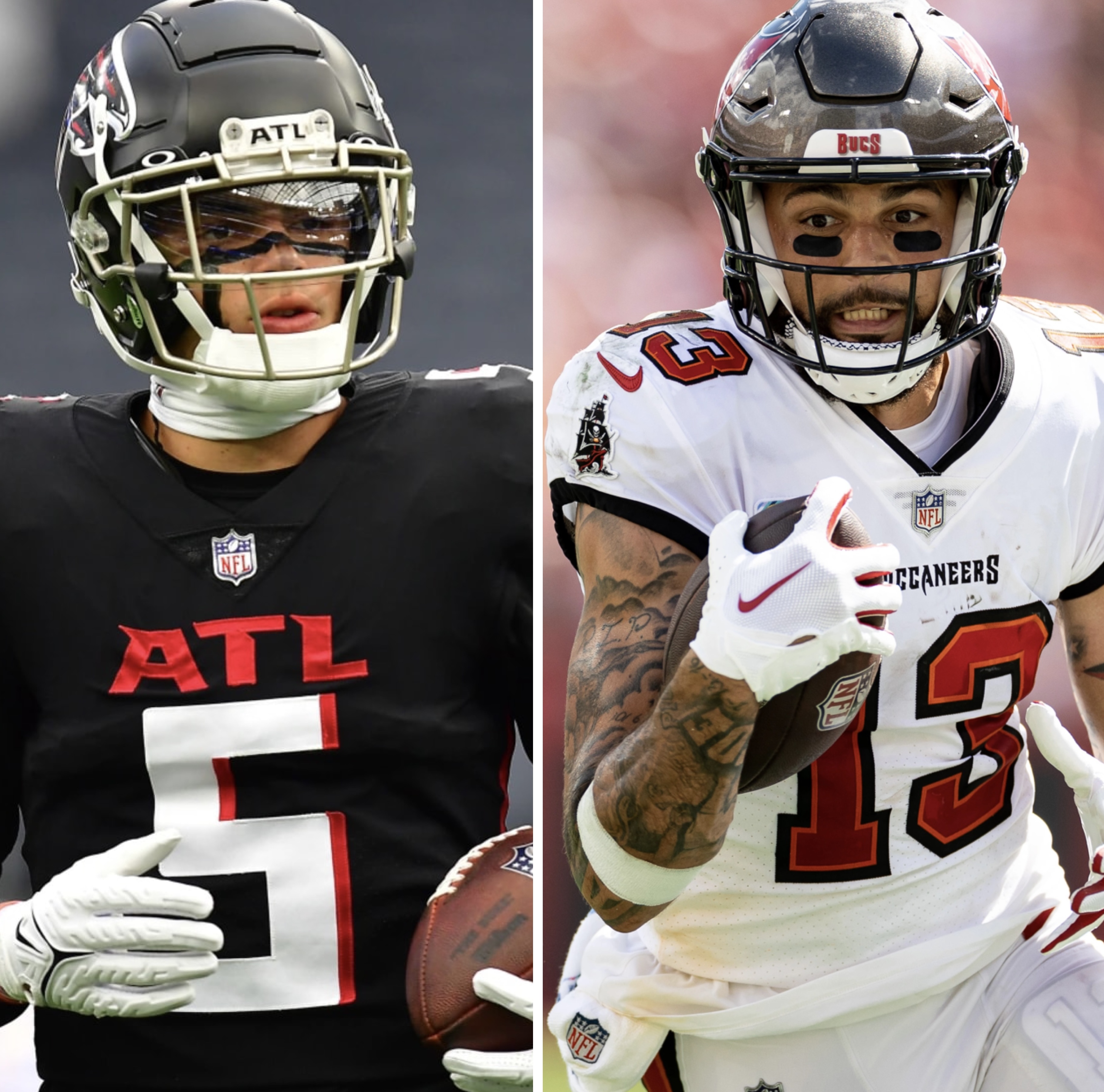 Atlanta Falcons wide receiver Drake London (5) works during the second half  of an NFL football game against the Tampa Bay Buccaneers, Sunday, Jan. 8,  2023, in Atlanta. The Atlanta Falcons won