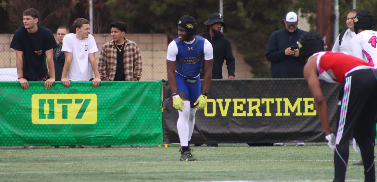 Wide receiver Jeremiah McClellan lines up for a play with California Powers during the OT7 7on7 championships in Southern California.