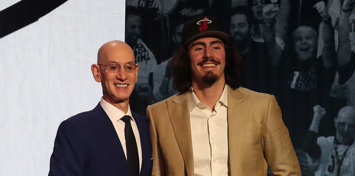 Jun 22, 2023; Brooklyn, NY, USA; Jaime Jaquez Jr (UCLA) with NBA commissioner Adam Silver after being selected eighteenth by the Miami Heat in the first round of the 2023 NBA Draft at Barclays Arena.