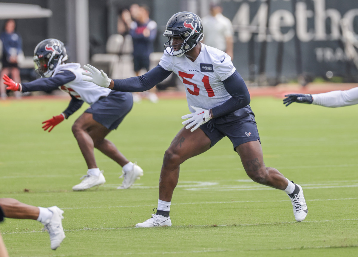 May 12, 2023; Houston, TX, USA; Houston Texans linebacker Will Anderson Jr. (51) participates in drills during rookie camp at the Methodist practice facility. Mandatory Credit: Thomas Shea-USA TODAY Sports