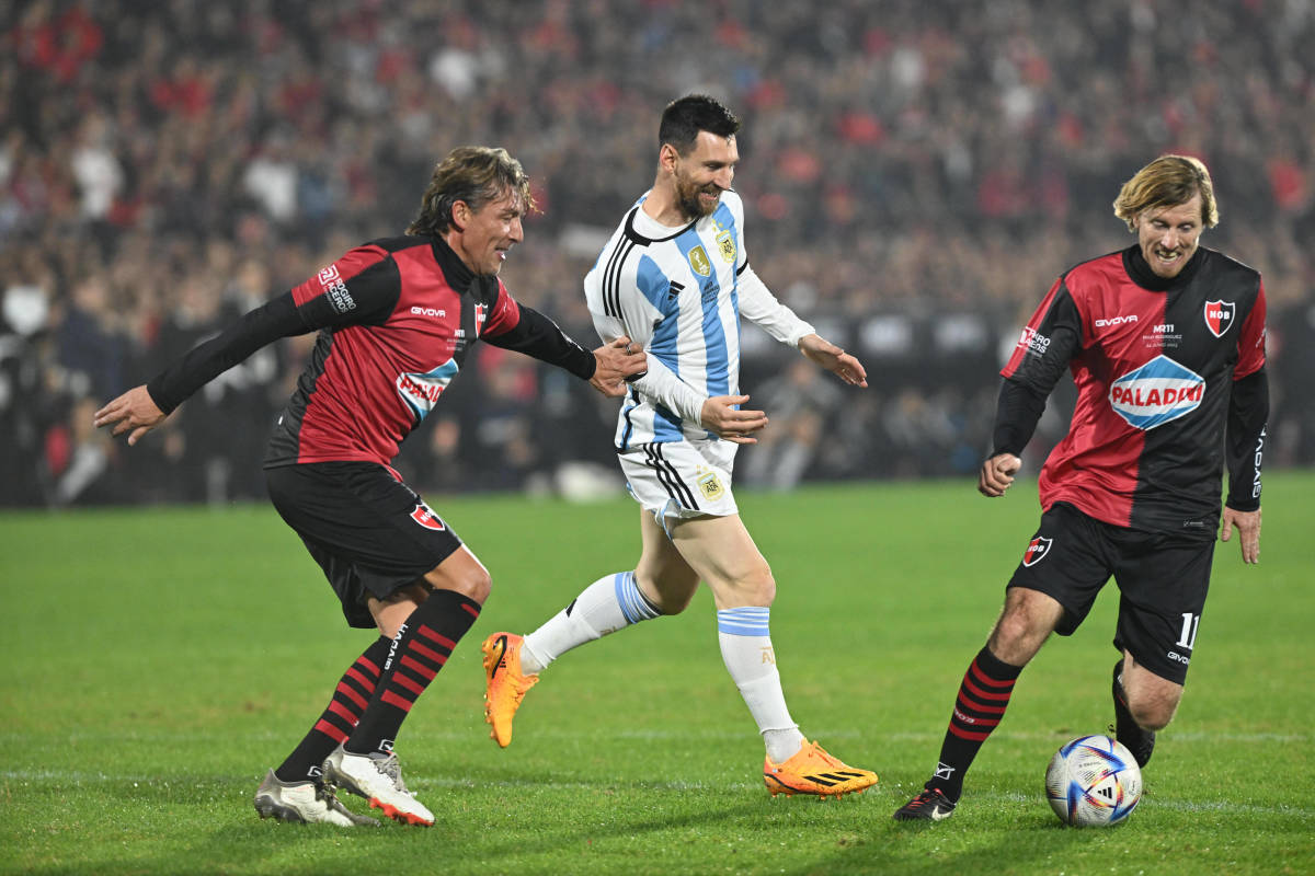 Lionel Messi pictured (center) playing for an Argentina XI against Newell's Old Boys in a testimonial game for former international teammate Maxi Rodriguez in June 2023