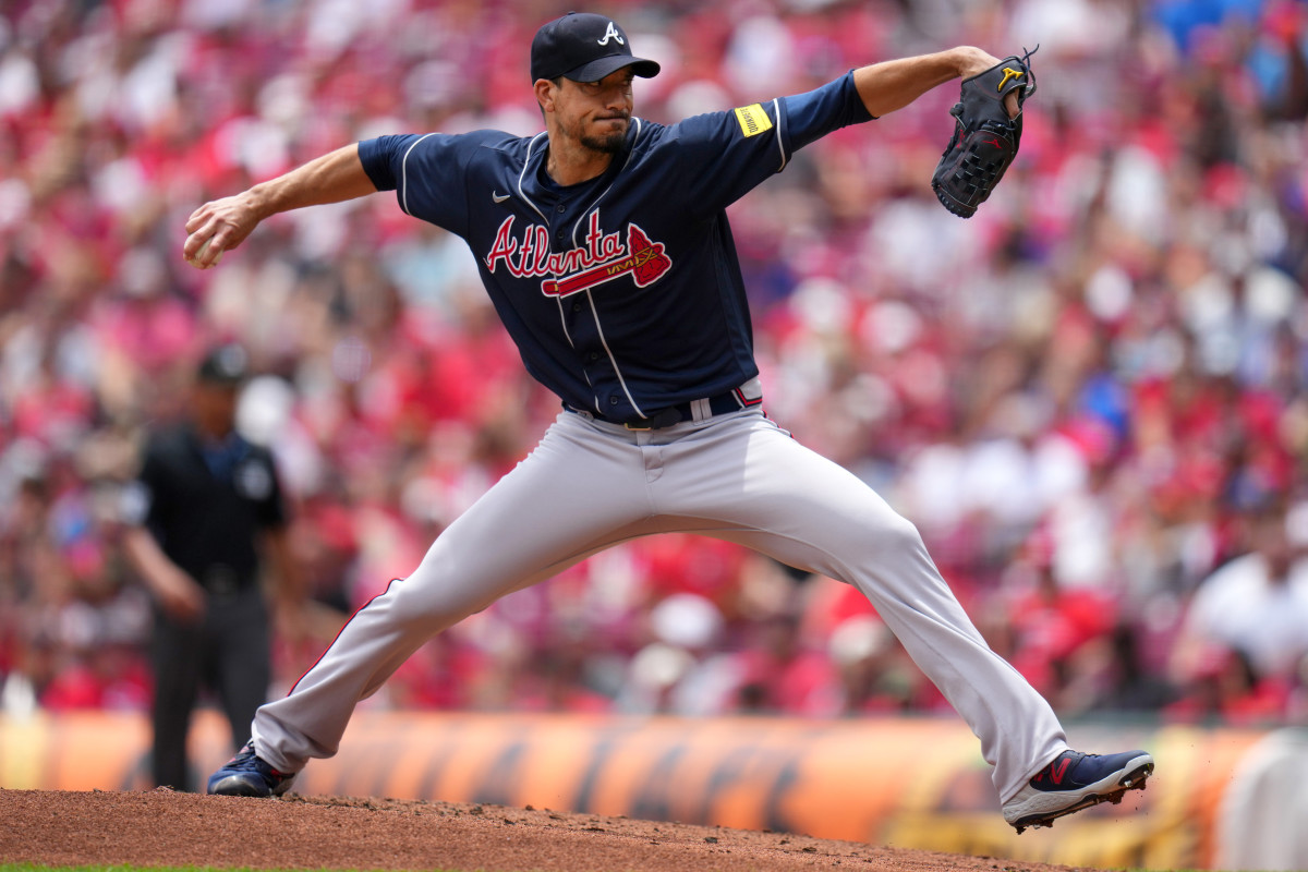 Jun 25, 2023; Cincinnati, Ohio, USA; Atlanta Braves starting pitcher Charlie Morton (50) delivers in the first inning of a baseball game against the Cincinnati Reds at Great American Ball Park.