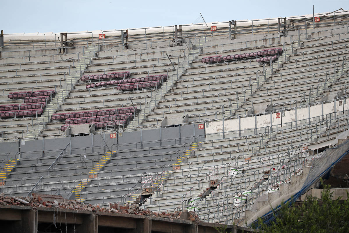 An image taken from inside Barcelona's Camp Nou stadium three weeks into redevelopment work in June 2023, showing many seats have been removed from the third tier