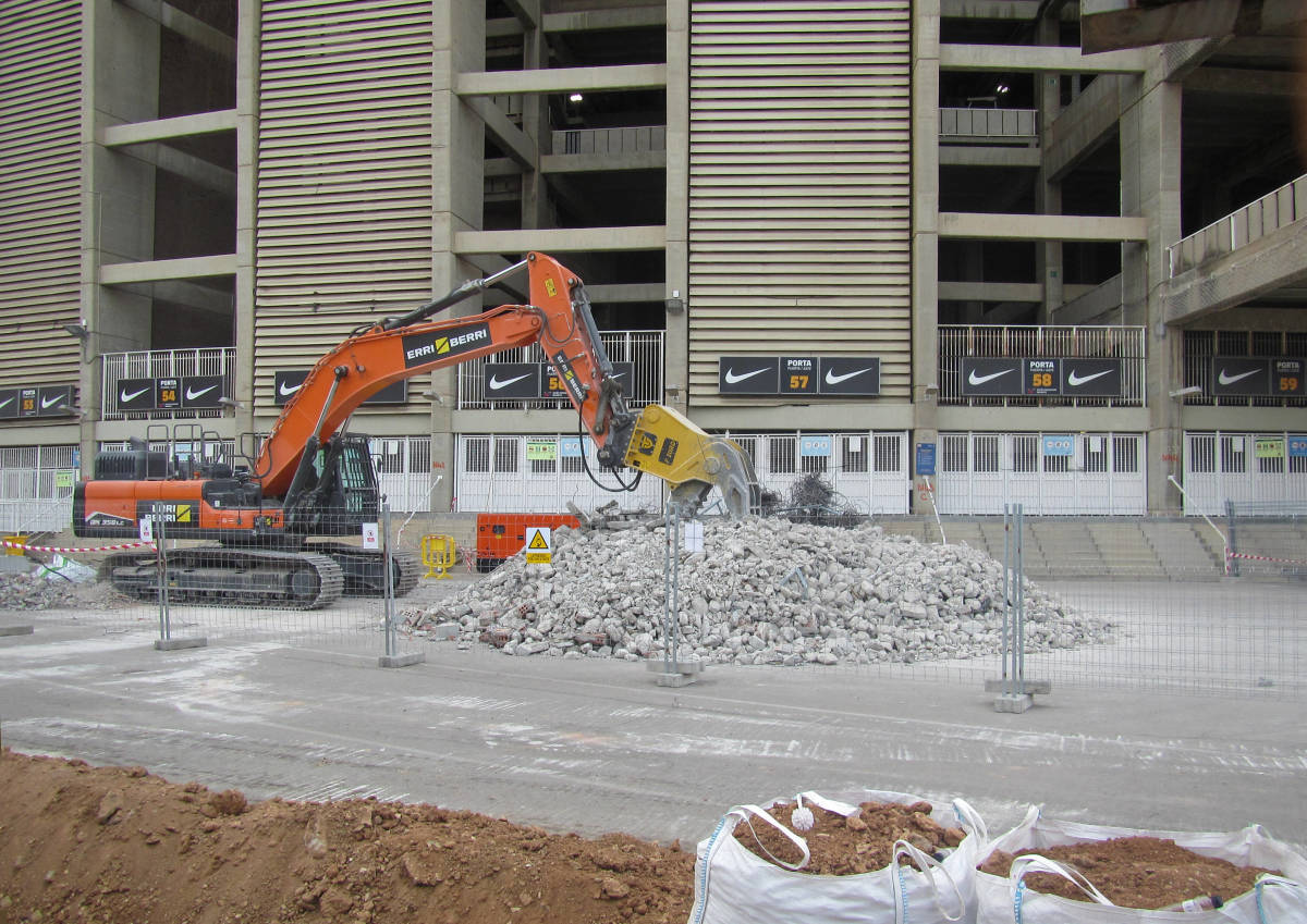 An image taken from outside Barcelona's Camp Nou stadium three weeks into redevelopment work in June 2023, showing a large pile of rubble