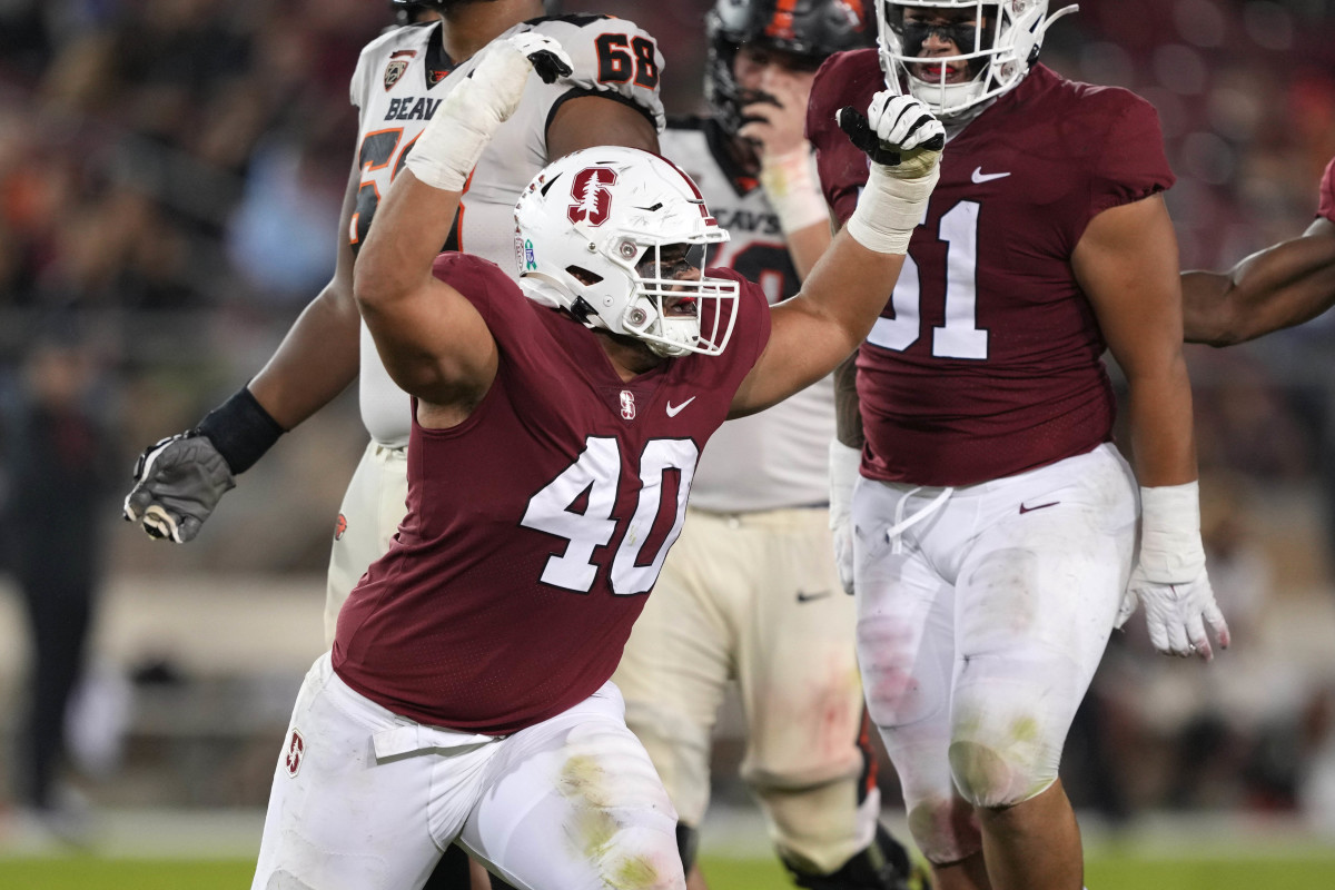 Oct 8, 2022; Stanford, California, USA; Stanford Cardinal defensive lineman Tobin Phillips (40) celebrates after a sack against the Oregon State Beavers during the second quarter at Stanford Stadium. Mandatory Credit: Darren Yamashita-USA TODAY Sports