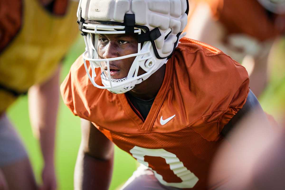 Texas Longhorns linebacker Anthony Hill Jr. runs through drills during football spring practice at the Frank Denius fields in Austin on March 8, 2023.