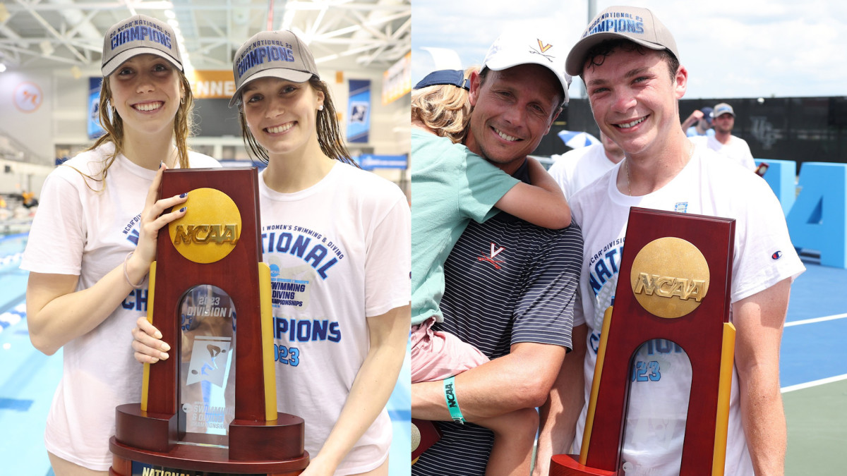 Gretchen Walsh and Alex Walsh pose with the trophy after Virginia won the 2023 NCAA Women's Swimming & Diving National Championship (left). Andres Pedroso and Inaki Montes pose with the trophy after Virginia win the 2023 NCAA Men's Tennis National Championship (right).