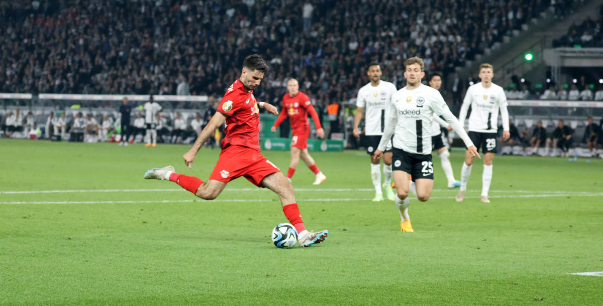 Dominik Szoboszlai pictured shooting to score a goal for RB Leipzig during a 2-0 win over Eintracht Frankfurt in the 2023 DFB-Pokal final