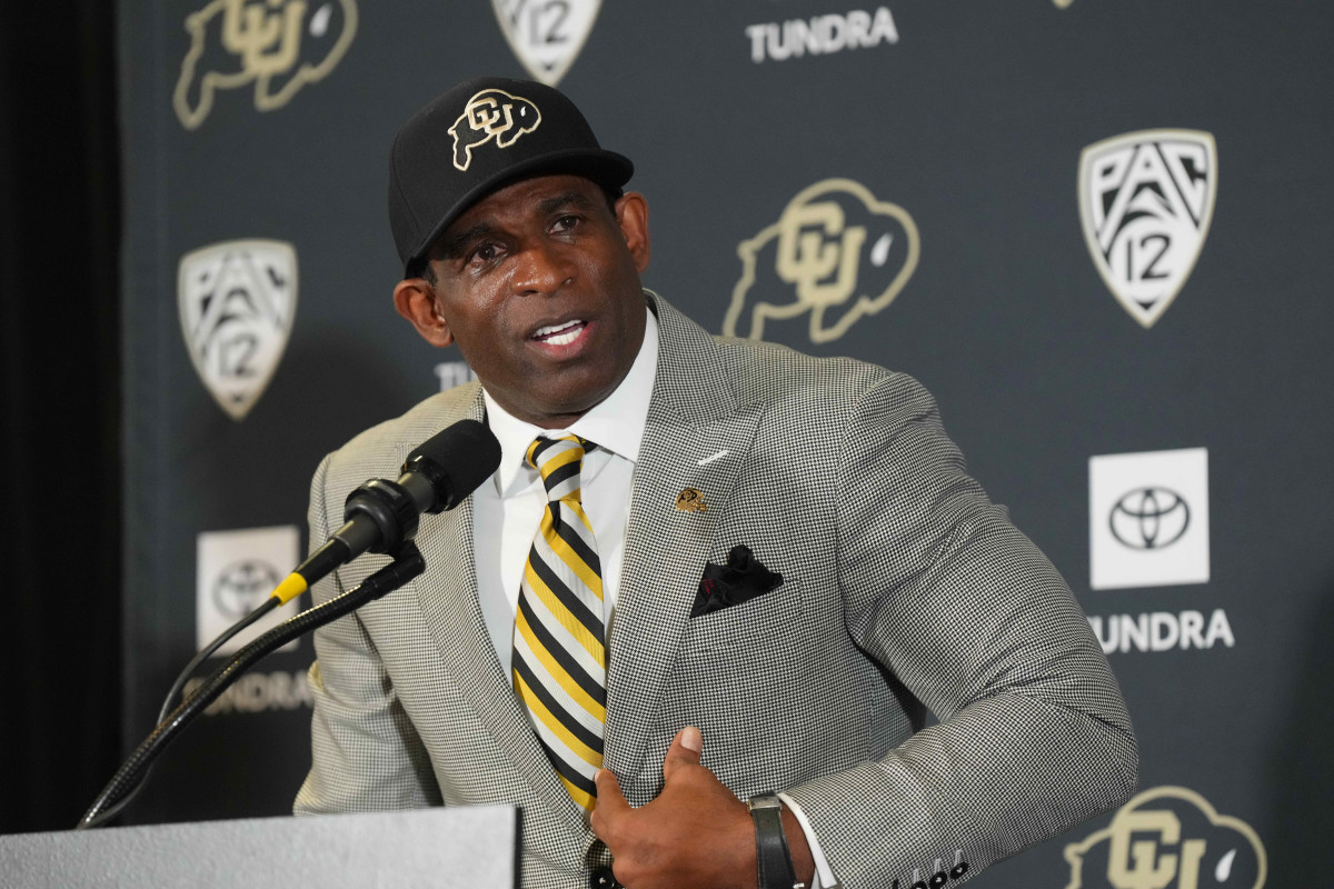 Colorado Buffaloes head coach Deion Sanders speaks during a press conference at the Arrow Touchdown Club