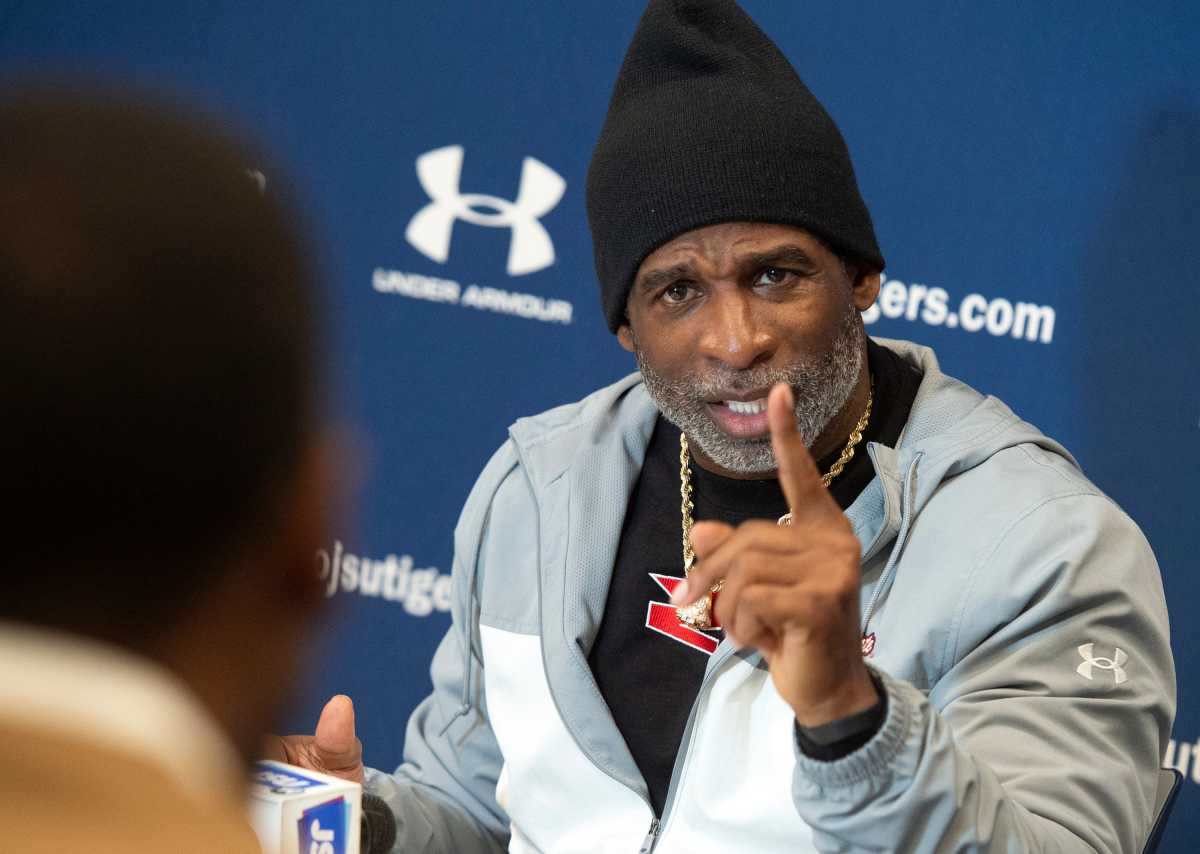 Jackson State football coach Deion Sanders talks about Southern and the upcoming SWAC Championship during a news conference at JSU in Jackson, Miss., Tuesday, Nov. 29, 2022. Tcl Deion Sanders