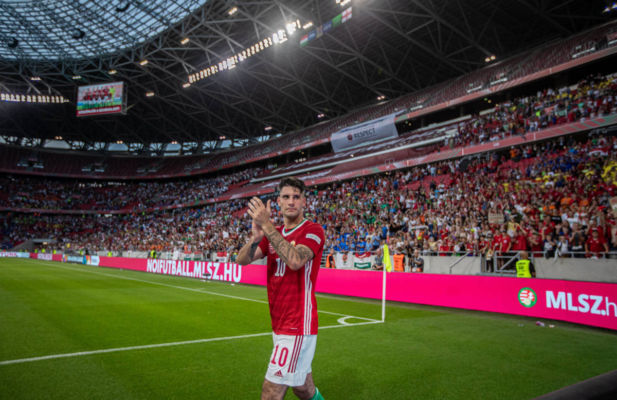 Dominik Szoboszlai pictured applauding fans at Budapest's Puskas Arena in June 2022 after scoring the winning goal in Hungary's 1-0 victory over England in the UEFA Nations League