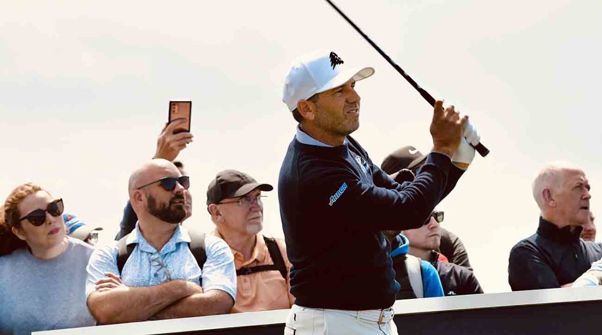 Sergio Garcia watches a tee shot in a qualifier for the 2023 British Open.