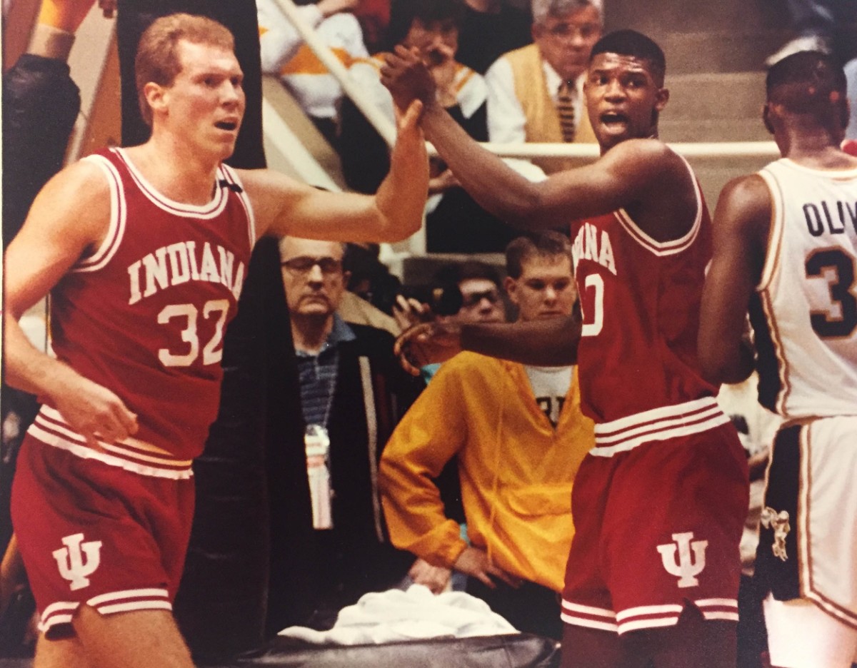 Eric Anderson (32) and Calbert Cheaney (40) high-five during IU's 1991 game against Purdue.