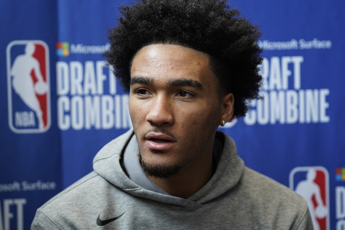 Jalen Hood-Schifino meets with the media at the NBA Draft Combine