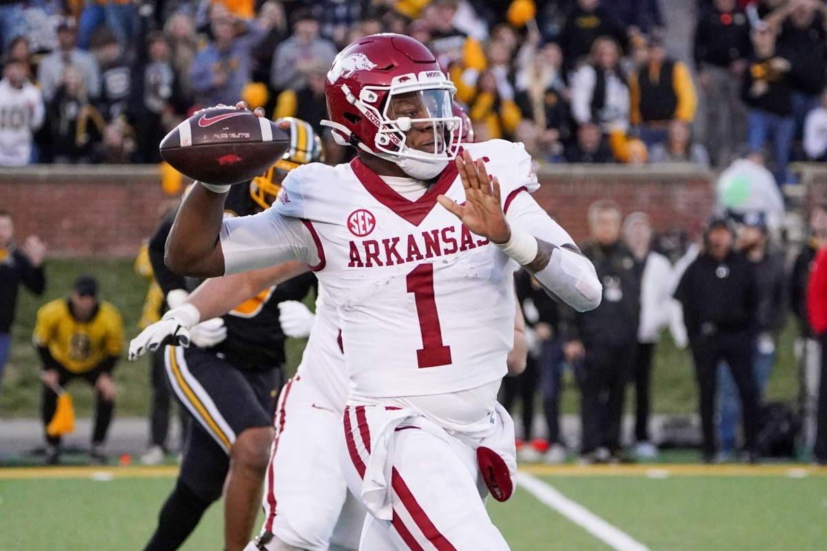 Arkansas Razorbacks quarterback KJ Jefferson (1) throws a pass against the Missouri Tigers during the game at Faurot Field at Memorial Stadium.