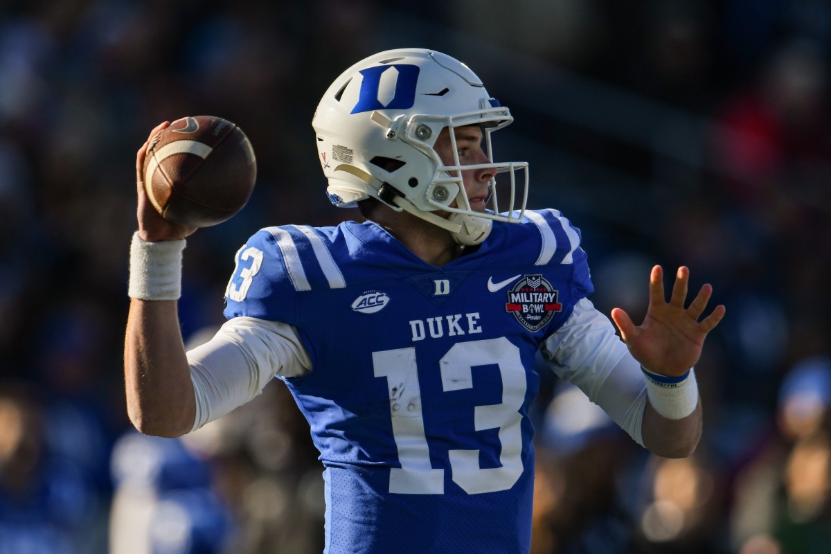 Duke Blue Devils quarterback Riley Leonard (13) throws from the pocket during the first half Central Florida Knights in the 2022 Military Bowl at Navy-Marine Corps Memorial Stadium.