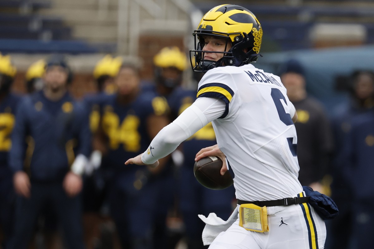 Michigan Wolverines quarterback J.J. McCarthy (9) passes during the Spring Game at Michigan Stadium.