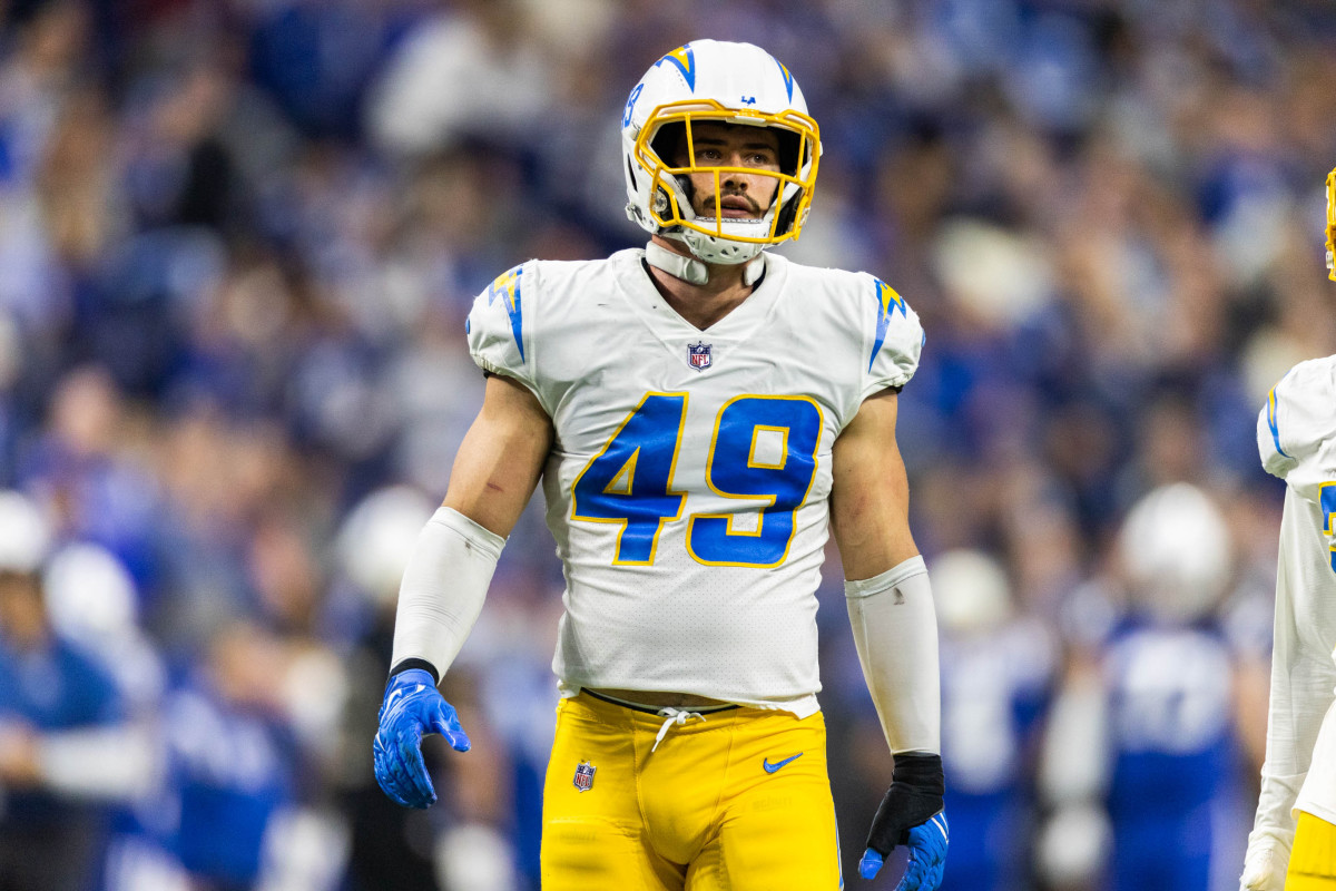 Dec 26, 2022; Indianapolis, Indiana, USA; Los Angeles Chargers linebacker Drue Tranquill (49) in the second half against the Indianapolis Colts at Lucas Oil Stadium. Mandatory Credit: Trevor Ruszkowski-USA TODAY Sports