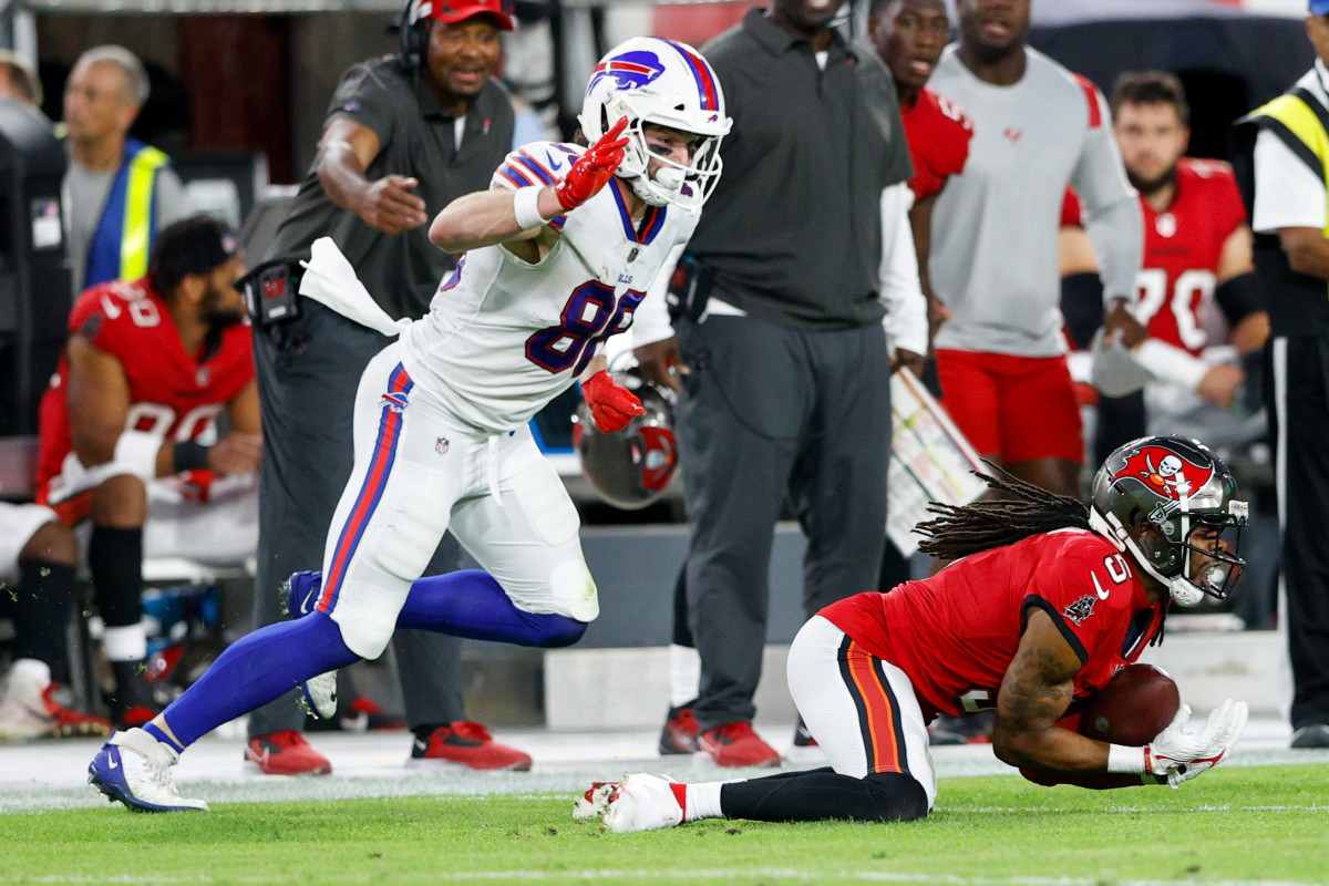 Tampa Bay Buccaneers cornerback Richard Sherman (5) intercepts the ball in the first half against the Buffalo Bills at Raymond James Stadium in 2021. No one knew it at the time, but it was his last NFL game.