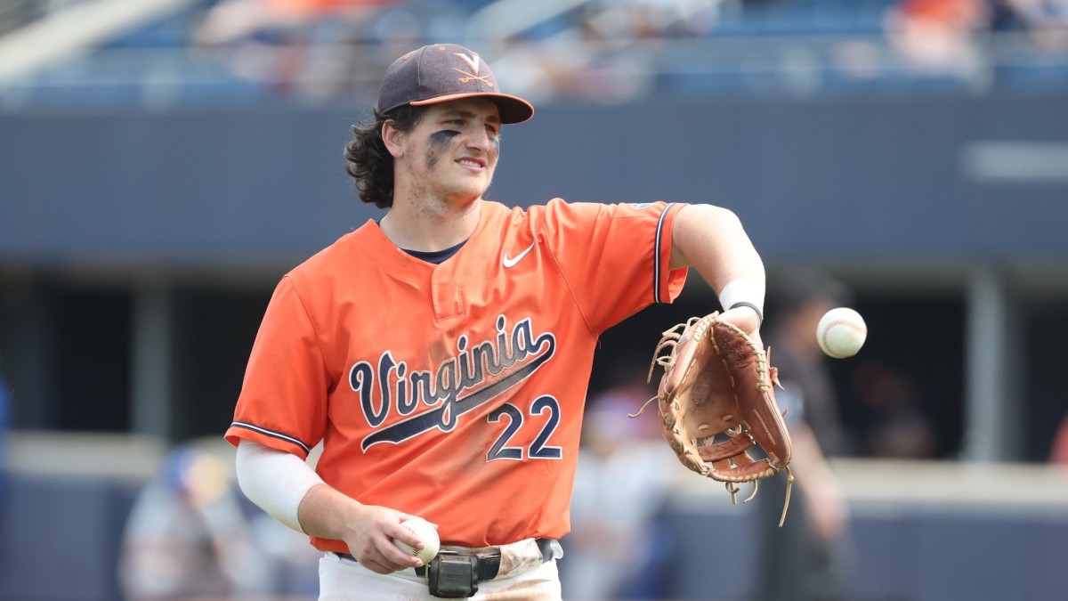 Third baseman Jake Gelof warms up during the Virginia baseball game against Pittsburgh at Disharoon Park.