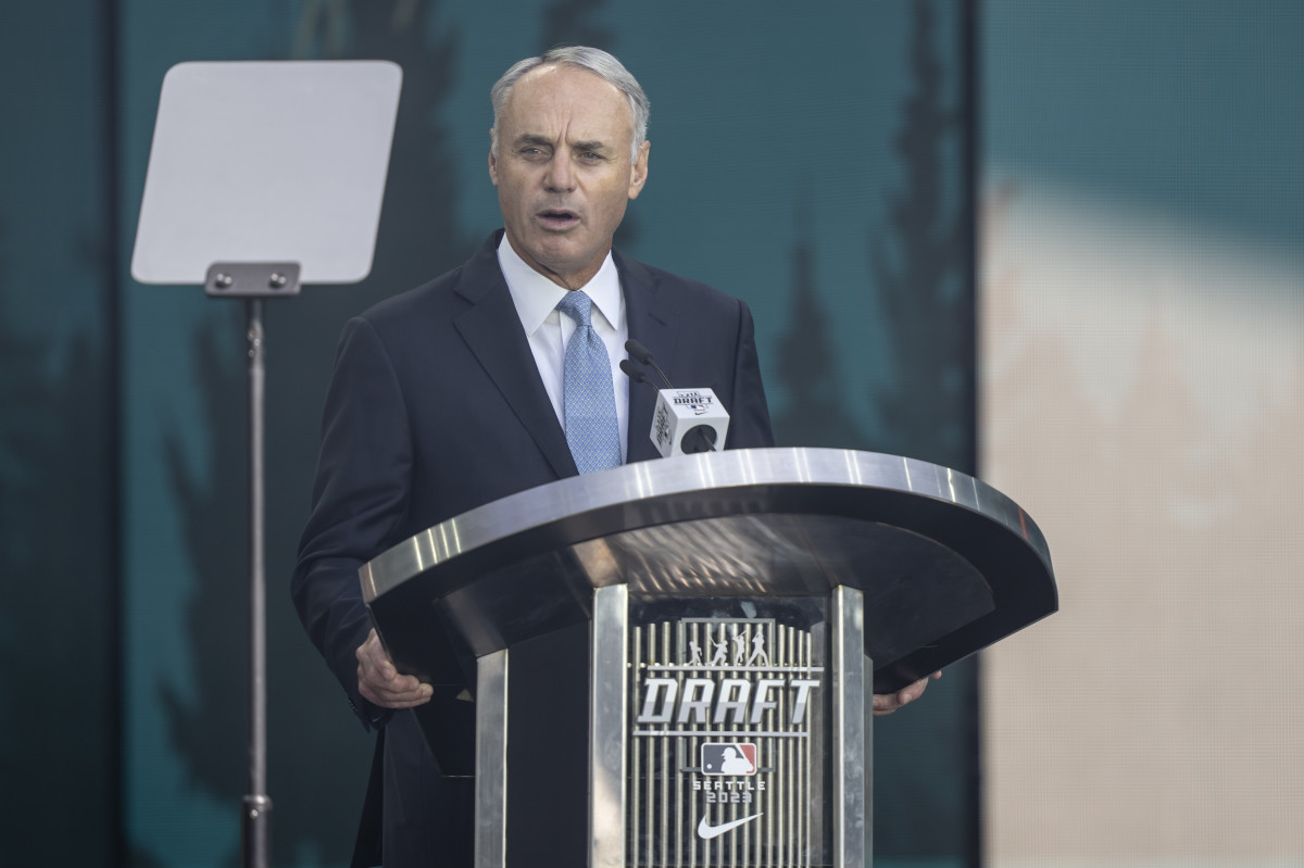 Jul 9, 2023; Seattle, Washington, USA; MLB commissioner Rob Manfred speaks during the first round of the MLB Draft at Lumen Field. Mandatory Credit: Stephen Brashear-USA TODAY Sports