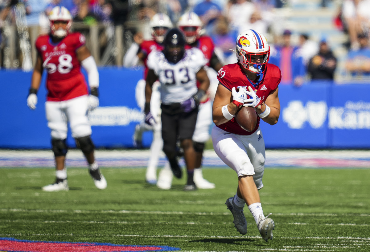 Oct 8, 2022; Lawrence, Kansas, USA; Kansas Jayhawks tight end Mason Fairchild (89) catches a pass during the first half against the TCU Horned Frogs at David Booth Kansas Memorial Stadium. Mandatory Credit: Jay Biggerstaff-USA TODAY Sports