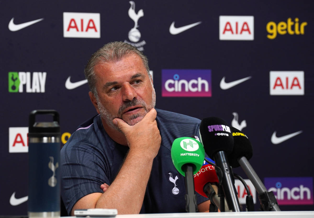 Ange Postecoglou pictured during his first press conference as Tottenham Hotspur manager in July 2023