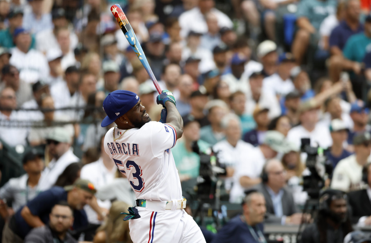 Jul 10, 2023; Seattle, Washington, USA; Texas Rangers right fielder Adolis Garcia (53) during the All-Star Home Run Derby at T-Mobile Park. Mandatory Credit: Joe Nicholson-USA TODAY Sports