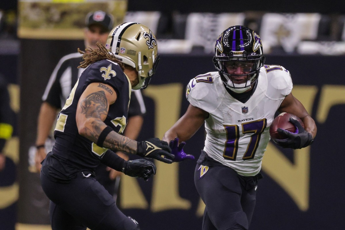 Nov 7, 2022; Baltimore Ravens running back Kenyan Drake (17) rushes against New Orleans Saints safety Tyrann Mathieu (32). Mandatory Credit: Stephen Lew-USA TODAY Sports