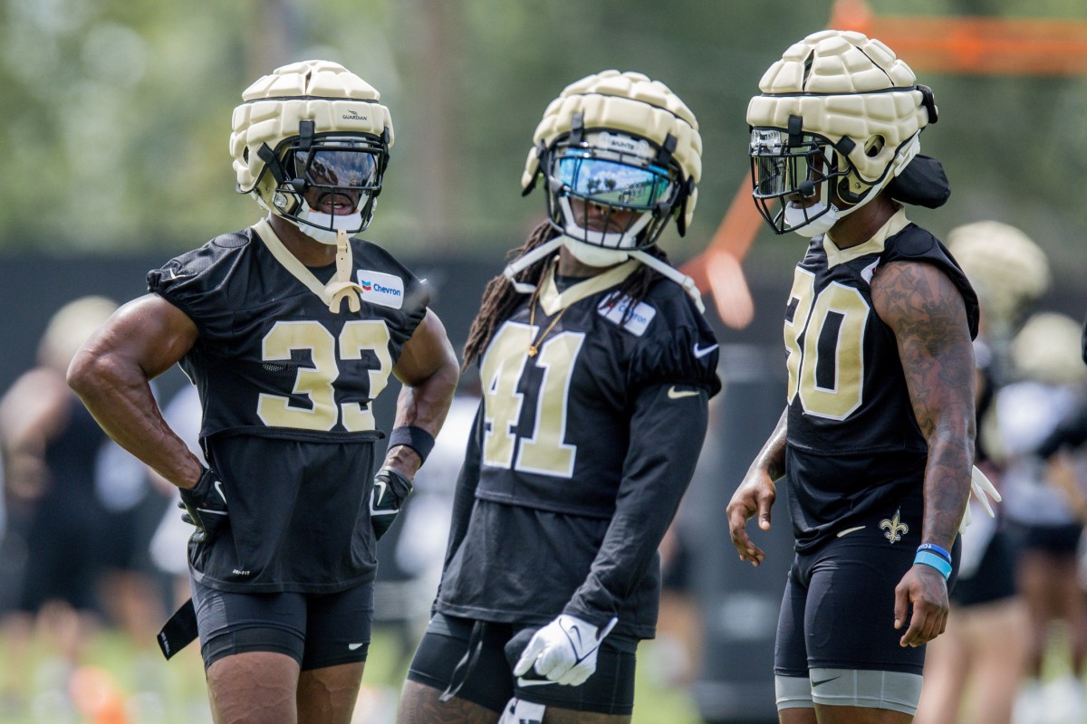 Jun 13, 2023; New Orleans Saints running backs Alvin Kamara (41), Jamaal Williams (30), and Kendre Miller (33) during minicamp. Mandatory Credit: Stephen Lew-USA TODAY Sports