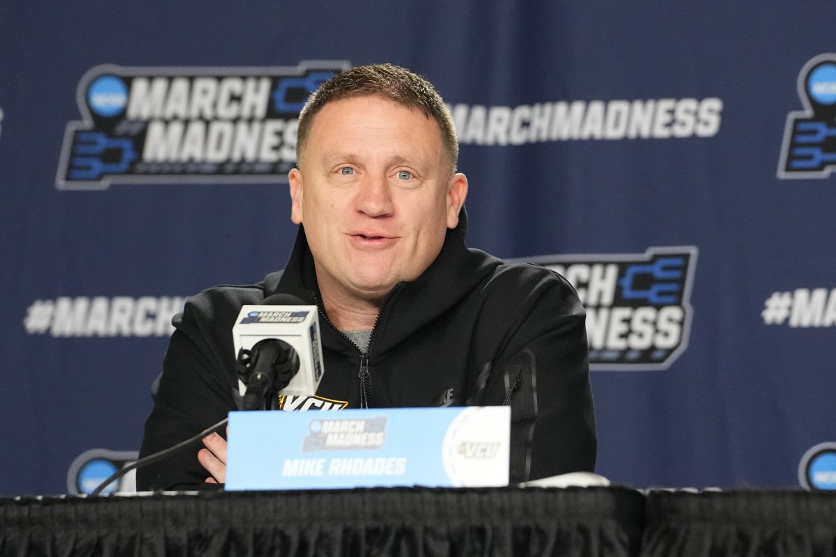 VCU Rams head coach Mike Rhoades speaks at a press conference at MVP Arena during the 2023 NCAA Tournament. Rhoades left VCU after the season to become the head coach at Penn State.