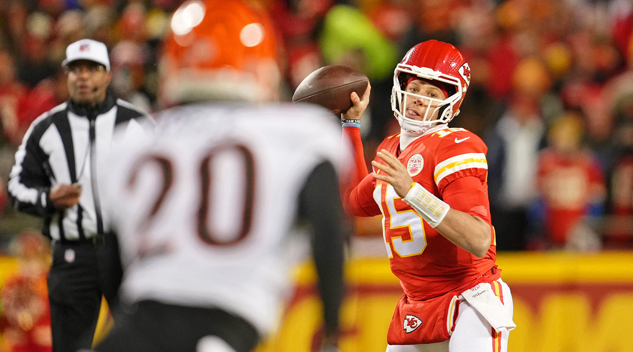 Patrick Mahomes of the Kansas City Chiefs speaks to a ref during a